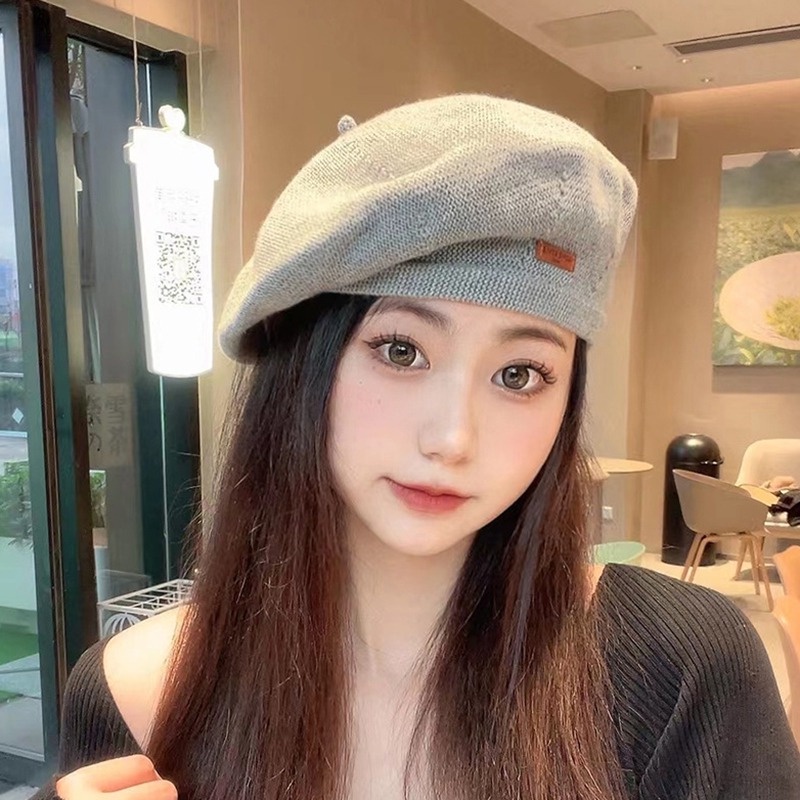 Mũ Họa Sĩ Hàn Quốc Ngọt Ngào Nhãn Dán Nhỏ Bằng Da Màu Trơn In Chữ