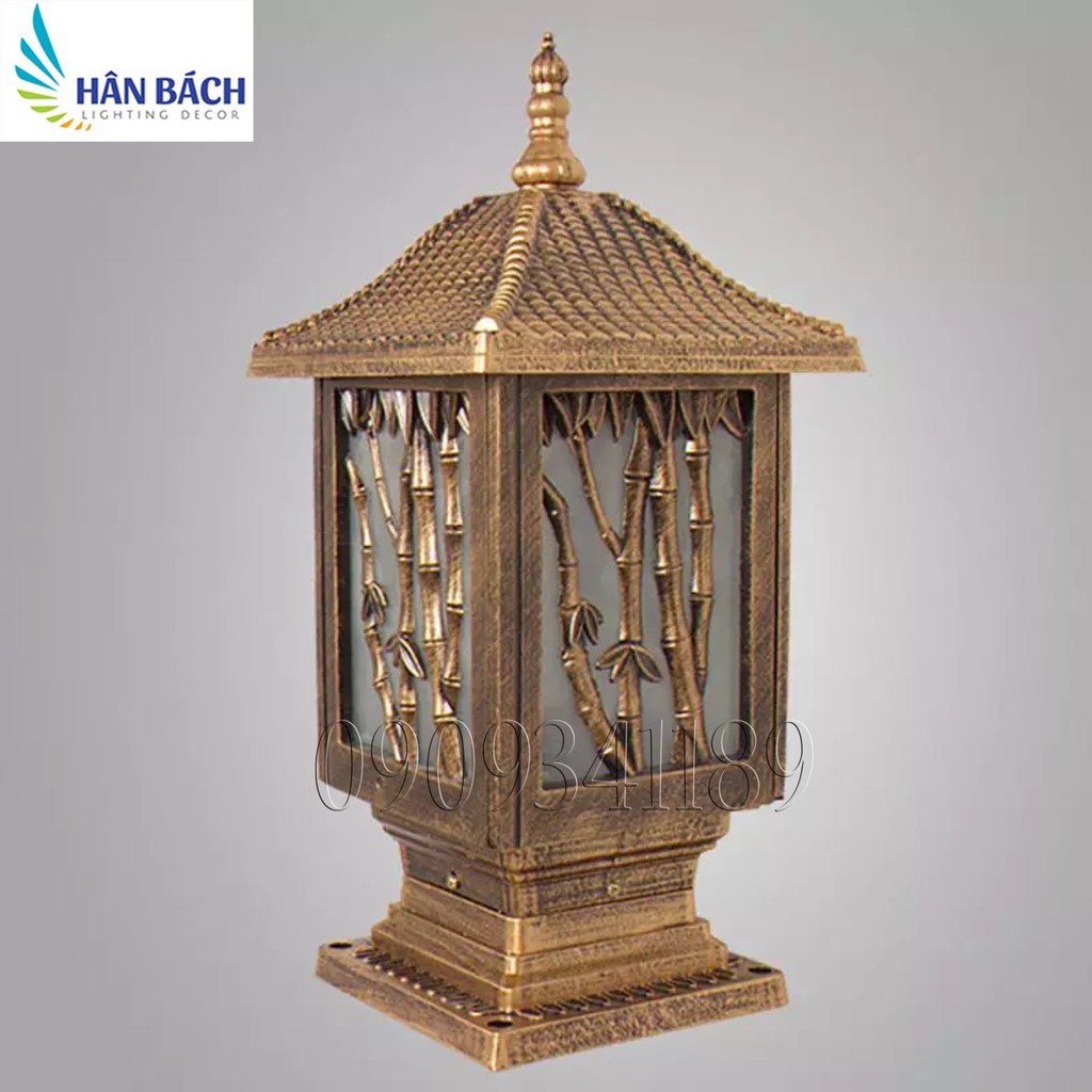 Đèn trụ cổng gắn đầu cột NHÔM ĐÚC màu đồng giả cổ
