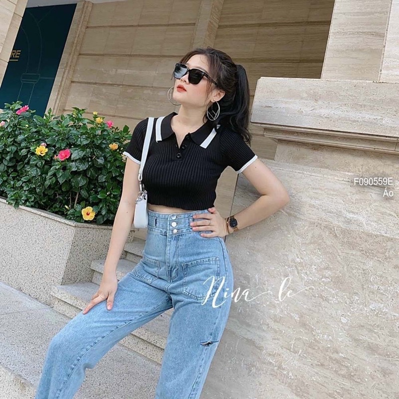 Áo len croptop cổ phối viền