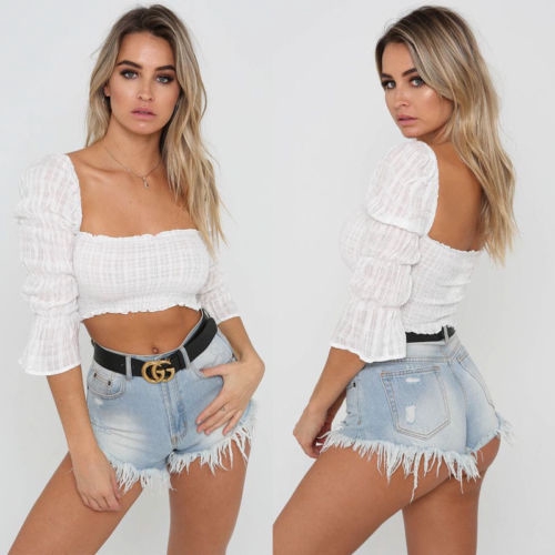 Áo crop top không dây viền 2 tay áo lửng kiểu dáng quyến rũ cho nữ