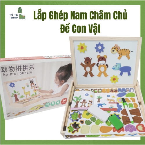 Xếp hình nam châm chủ đề con vật , lắp ráp trang phục con vật Animal kèm bảng 2 mặt , phấn và bút dạ MWZ-2001