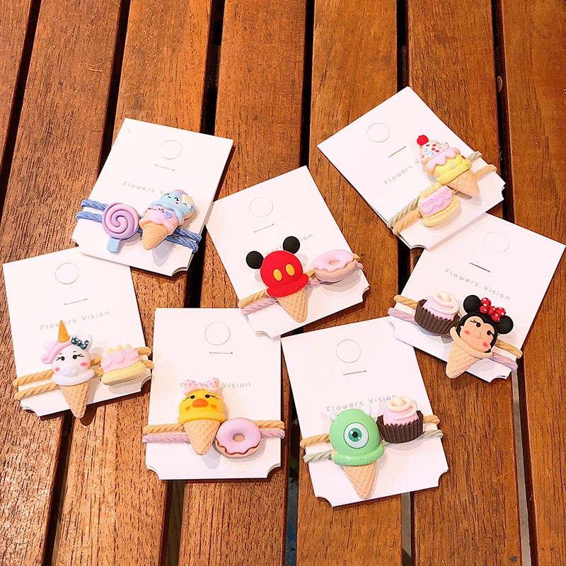 Bộ 2 dây thun cột tóc hình bánh donut / kem hoạt hình xinh xắn cho bé gái