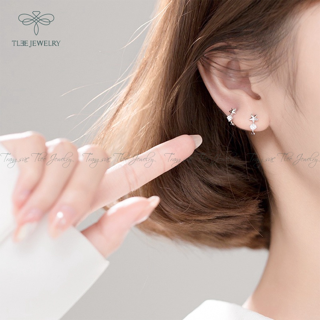 Khuyên tai nữ bạc TLEE tròn chốt bấm hình sao xinh xắn NCJ B0172