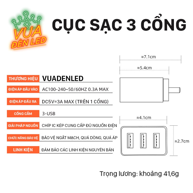 Cục sạc USB 5V 2A sạc nhanh an toàn, củ sạc điện thoại VUA ĐÈN LED 3 đầu USB tiện dụng bảo hành 1 năm