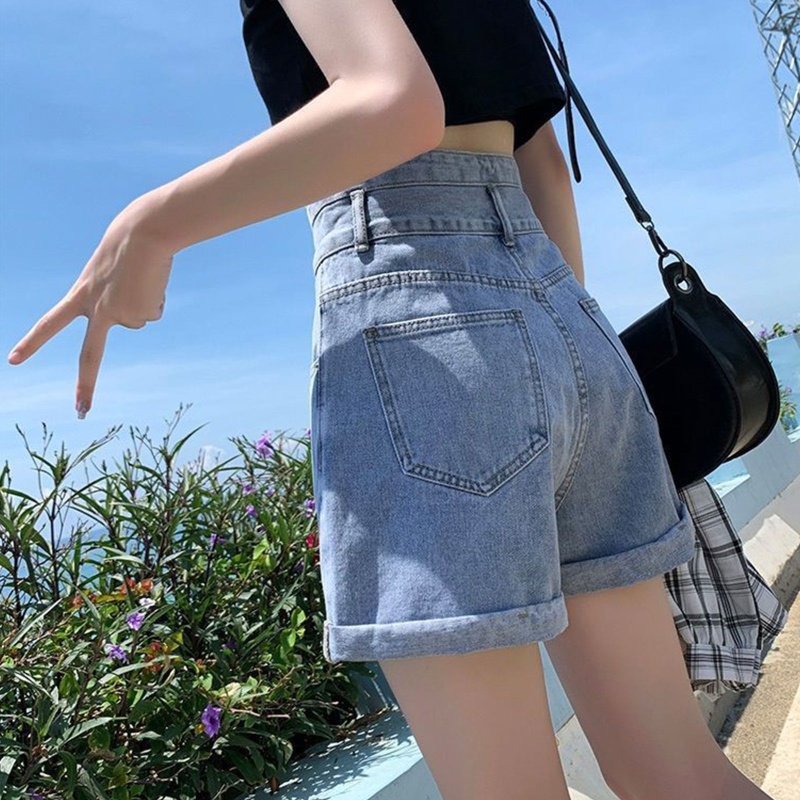 Quần Short Jean Chữ A Lưng Cao Ống Rộng Cài Hai Hàng Nút Thời Trang Mùa Hè Cho Bạn Gái