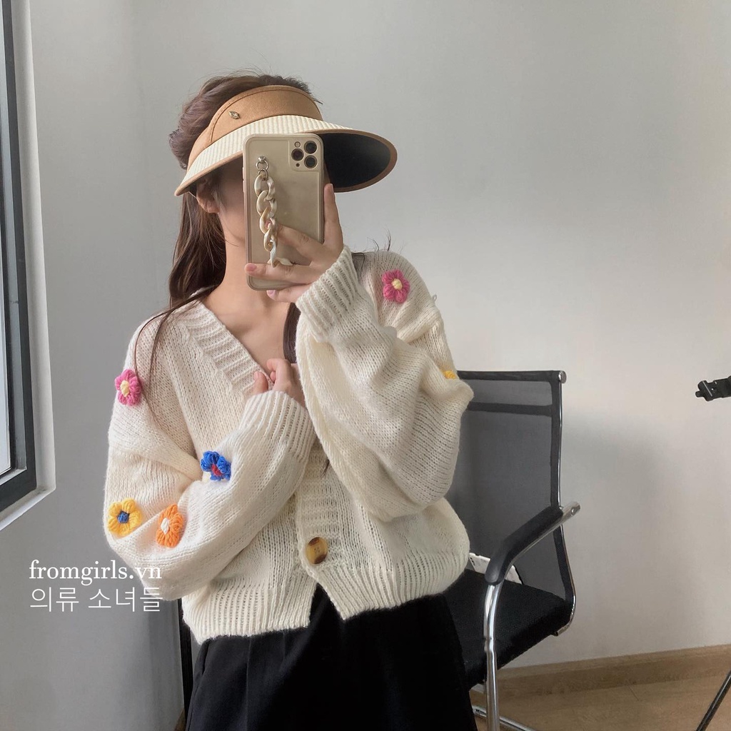 Áo len cardigan hoa thêu nổi, áo cardigan len mỏng dáng lửng thêu hoa hot trend - AL22