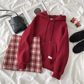 Set áo hoodie đỏ + chân váy dạ đỏ kẻ caro chữ A [Yannie]