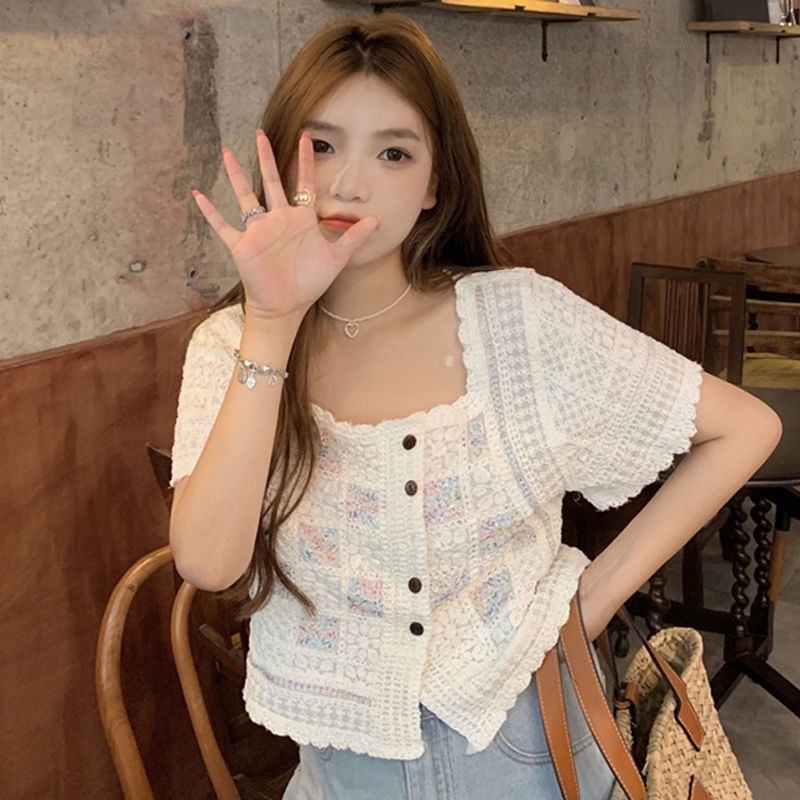 Áo Ren Tay Ngắn Cổ Vuông Thời Trang Mùa Hè Phong Cách Hàn Quốc Mới Cho Nữ
