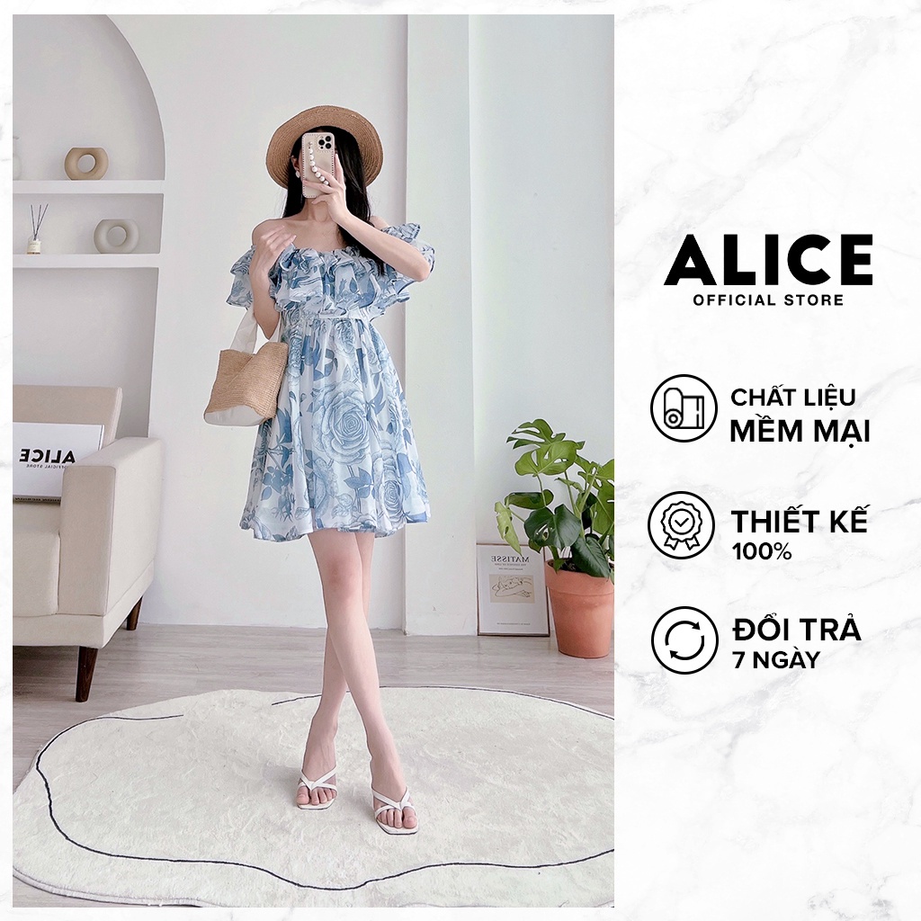 Đầm Trễ Vai Tiểu Thư ALICE Chất Vải Tơ Óng Lót Lụa Mềm Mát Dáng Xòe Bèo Ngực Quyến Rũ V828