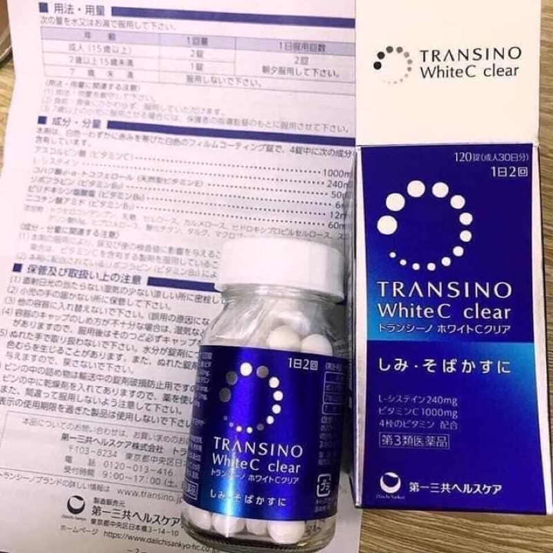 Viên Uống TRẮNG da Giảm NÁM, TÀN NHANG Transino White C Clear - Hộp 120 Viên 「Hàng_Auth」