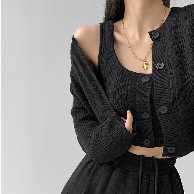 Porozi Set trang phục hai món  áo kiểu hai dây và áo khoác cardigan dệt kim phong cách Hàn Quốc thời trang dành cho nữ
