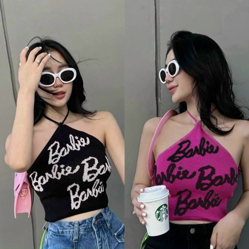 Áo croptop cổ yếm nữ cột 2 dây ôm body in chữ babie dễ thương