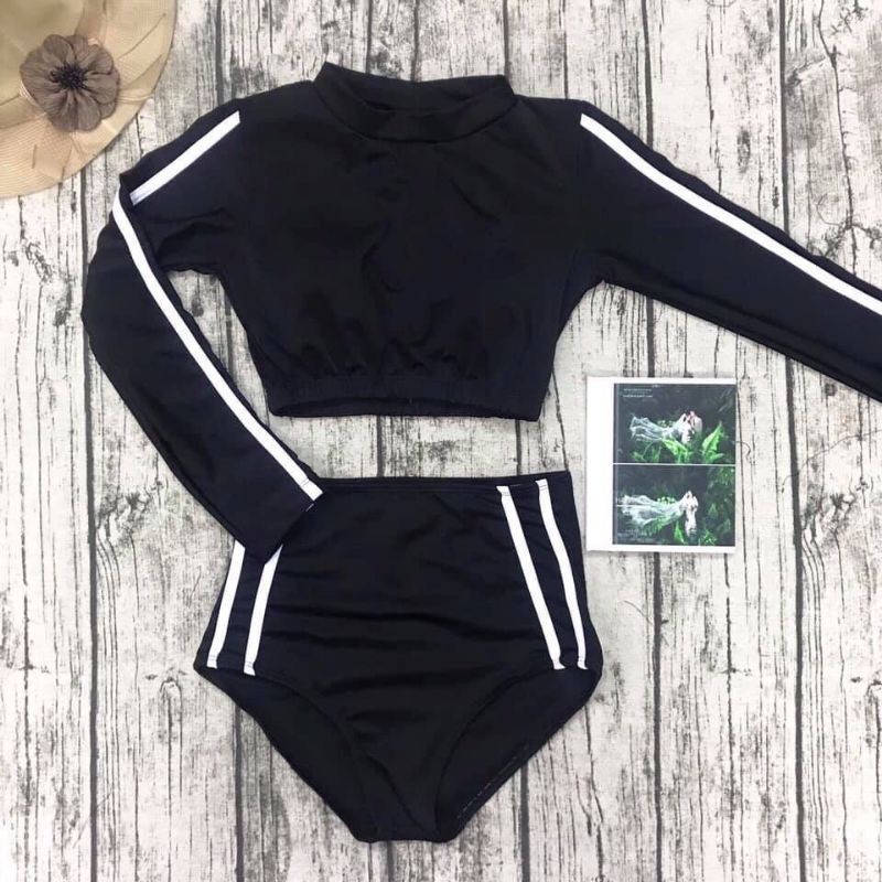 Bikini, Đồ Bơi Đi Biển Hai Mảnh Tay Dài Thể Thao Hai sọc Trắng quần Cạp Cao NS31 | BigBuy360 - bigbuy360.vn