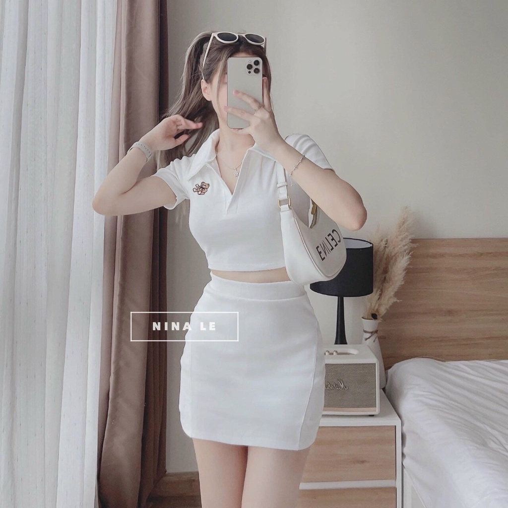 [9.9 Sales Freeship] Set váy trắng polo ôm body, set áo trắng cổ bẻ in gấu croptop + chân váy ôm ngắn chữ A dễ thương