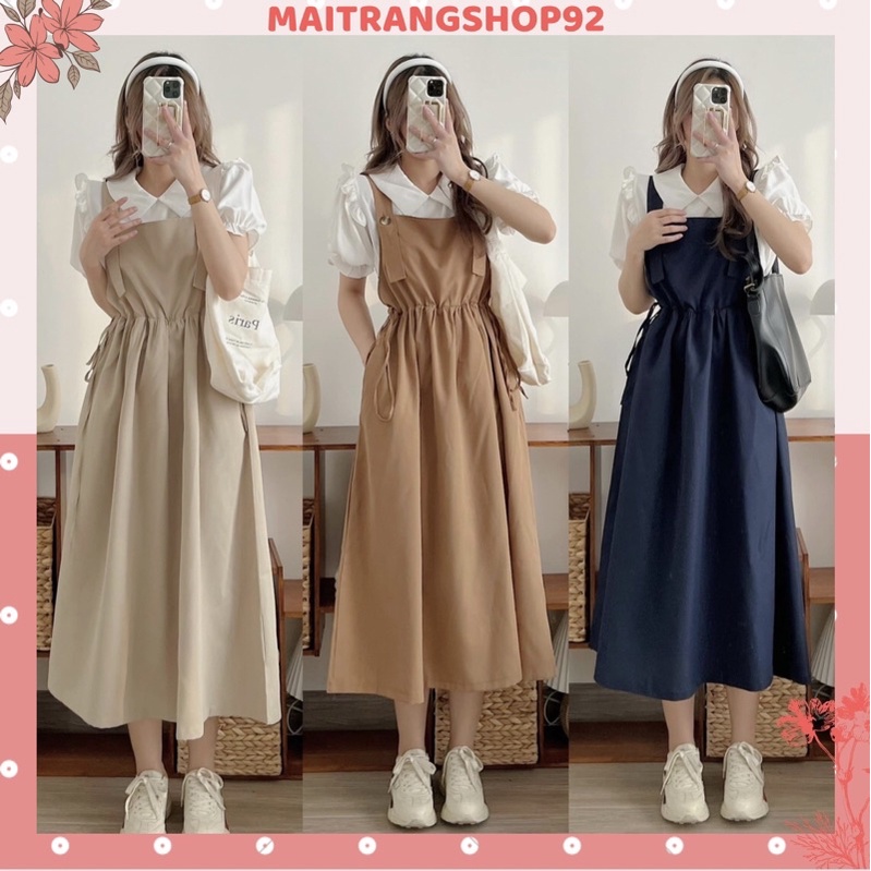 Set yếm nữ dáng dài ulzzang gồm áo sơ mi babydoll cộc tay cánh tiên cổ sen kèm yếm 2 dây dài có dây rút eo (TTA143)