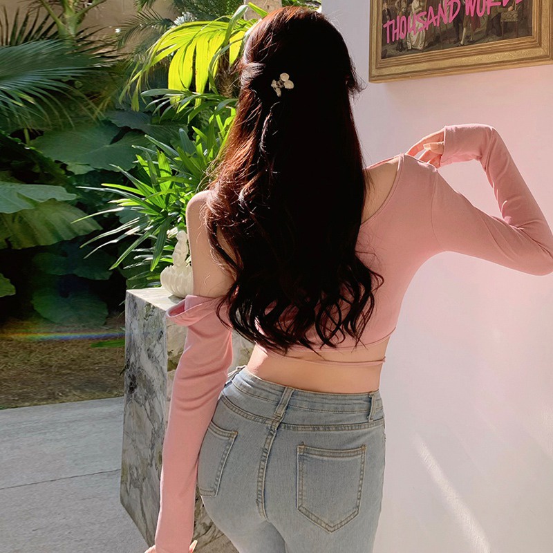 Áo Thun Croptop Tay Dài Màu Sắc Đơn Giản Thiết Kế Lệch Tà Quyến Rũ Thời Trang Cho Nữ