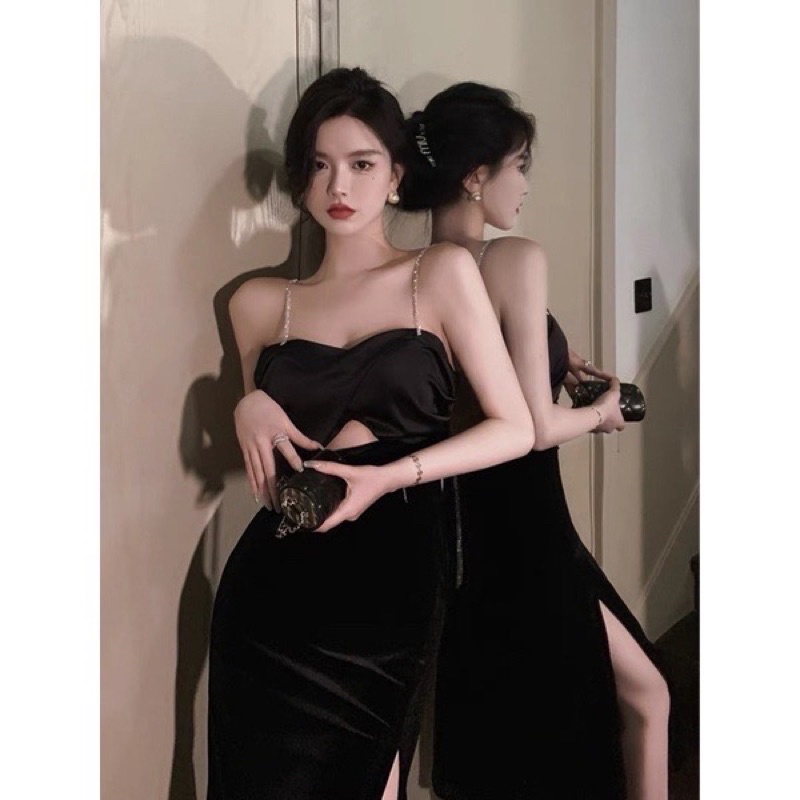 Hàng có sẵn Yona’s Đầm hai dây sexy thiết kế hở lưng xẻ tà dự tiệc phong cách Retro kèm Feelback khách xinh D5B