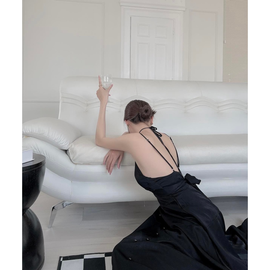 [HÀNG THIẾT KẾ CAO CẤP] Đầm Maxi Hai Dây Cổ Yếm Cột Nơ Đi Biển Sexy Màu Đen
