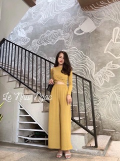 Set len Áo xoắn eo Quần suông (4 màu)