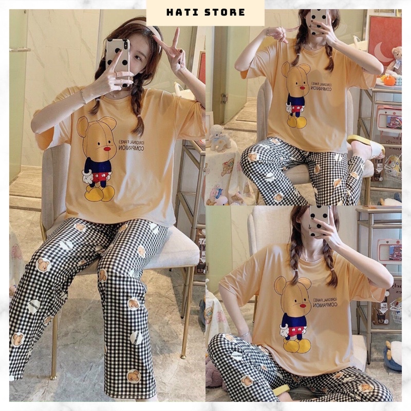 Set đồ bộ nữ mặc nhà hình gấu vàng, Set quần ống rộng áo thun NA50