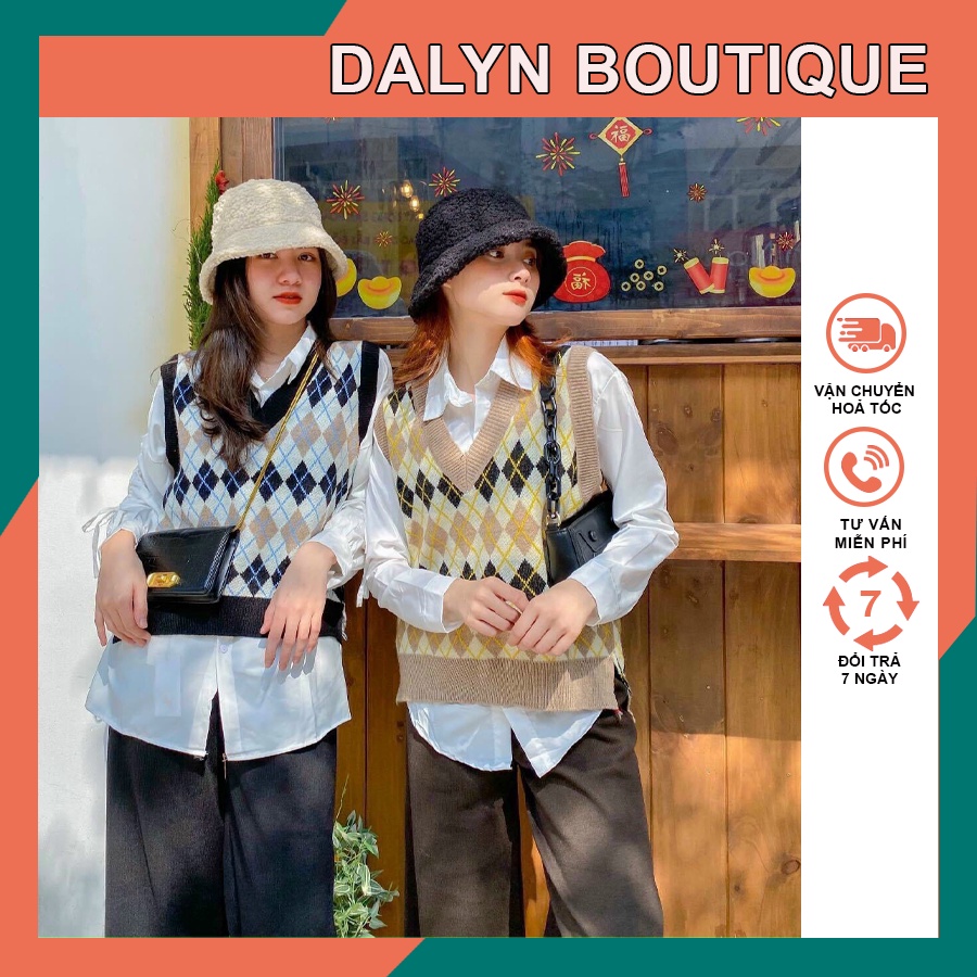 Áo Gile Len Hoạ Tiết Kẻ Trám DALYN Phối Áo Sơ Mi, Áo Len Gile Thổ Cẩm Hottrend