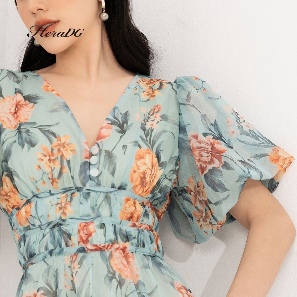 Đầm Thiết Kế Nữ Dáng Xòe HeraDG Tay Bồng Hoạ Tiết Hoa Tinh Tế, Chất Liệu Tơ Cao Cấp Mềm Mại SDPBC2093