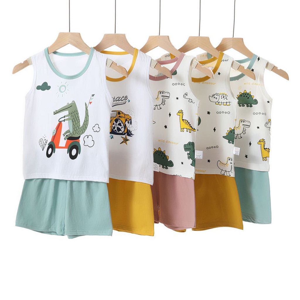 Bộ Áo Tank Top In Hình Khủng Long + Quần Short Vải Cotton Mềm Thoáng Khí Thời Trang Mùa Hè Cho Bé Trai