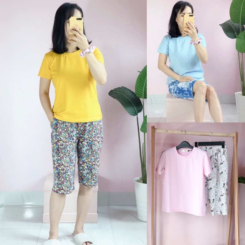 Bộ mặc nhà nữ vải cotton xuất dư, chất mát, áo trơn phối hoa nhí xinh xắn