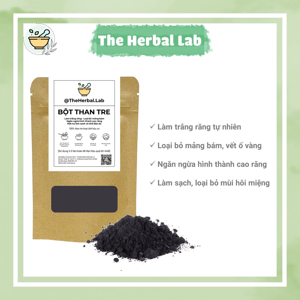 [THE HERBAL LAB] BỘT THAN TRE làm sáng răng tự nhiên + TẶNG BÀN CHẢI ĐÁNH RĂNG GỖ TRE HỮU CƠ