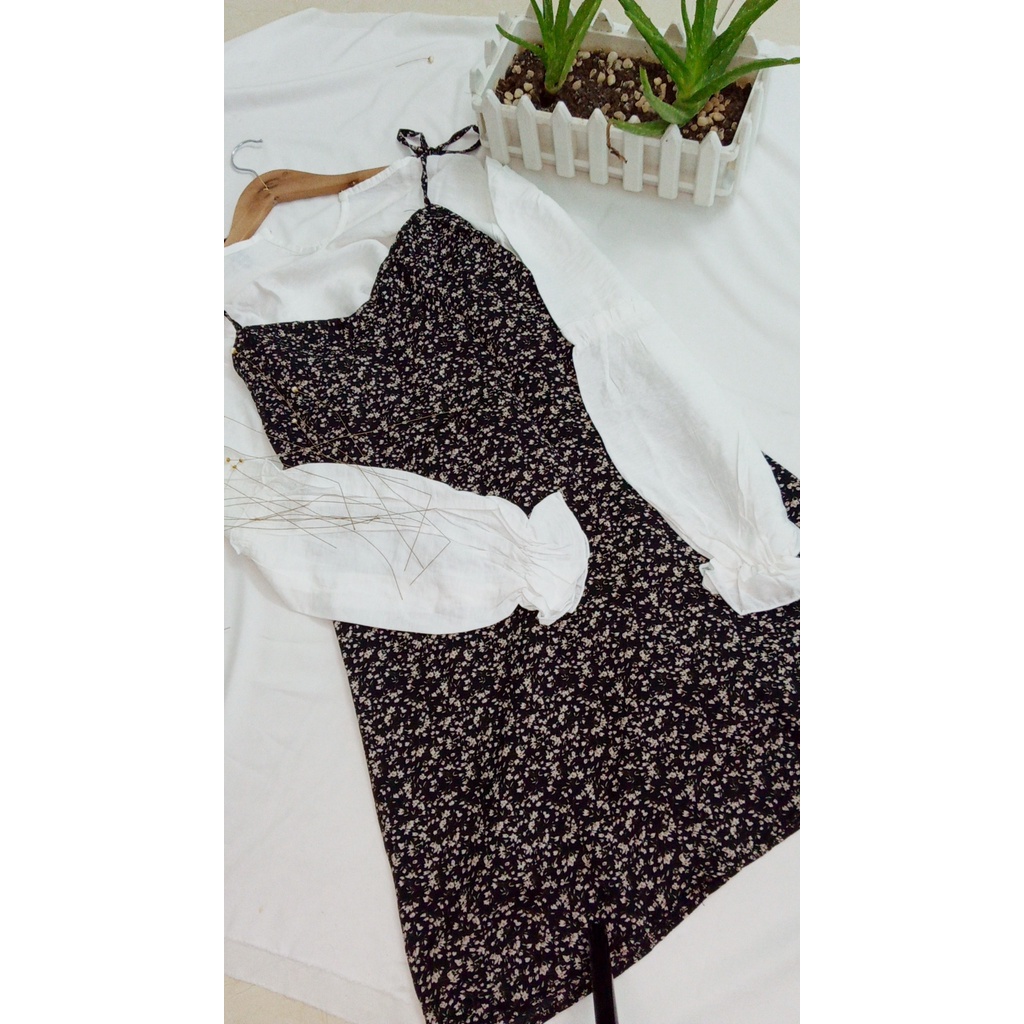 Váy hai dây hoa nhí có cúp ngực mic áo somi tay bồng tiểu thư bánh bèo hàng đẹp có size by Minxxy