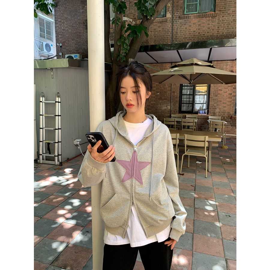 ZHELIHANGFEI Áo Hoodie Tay Dài Họa Tiết Ngôi Sao Theo Phong Cách Preppy Theo Phong Cách Mỹ Dễ Phối Đồ