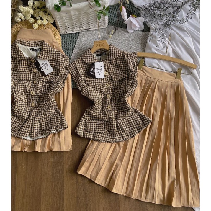 set áo dạ peplum+chân váy dập li
