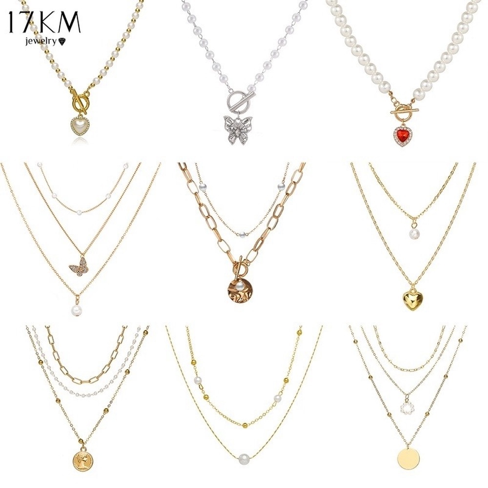 Dây chuyền 17KM mạ vàng đính ngọc trai nhân tạo mặt bướm trái tim hợp thời trang cho nữ