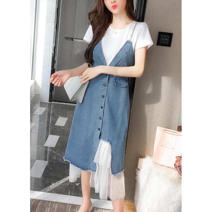 Đầm jeans yếm 2 dây phối voan, chất vải jean thô dày dặn, hàng nhập Quảng Châu