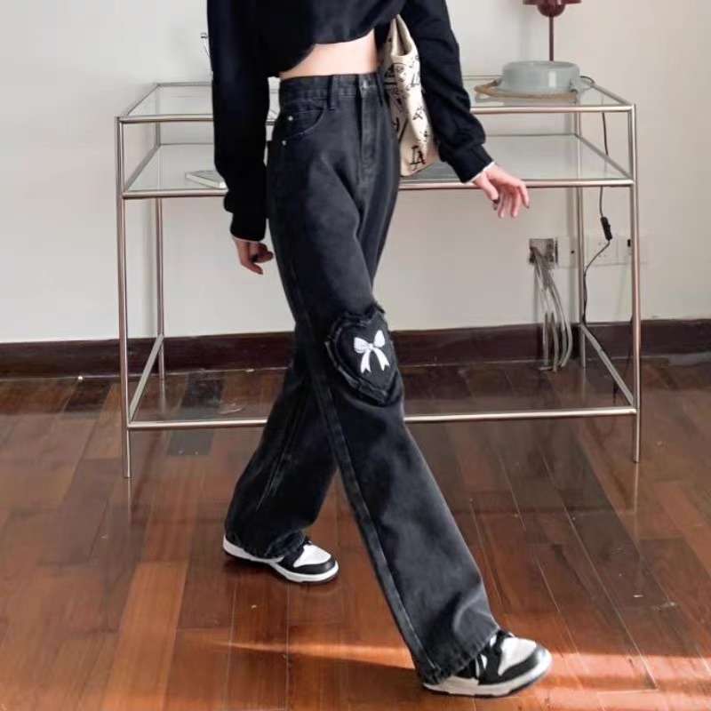 Quần jeans suông ống đứng đen xám thêu nơ