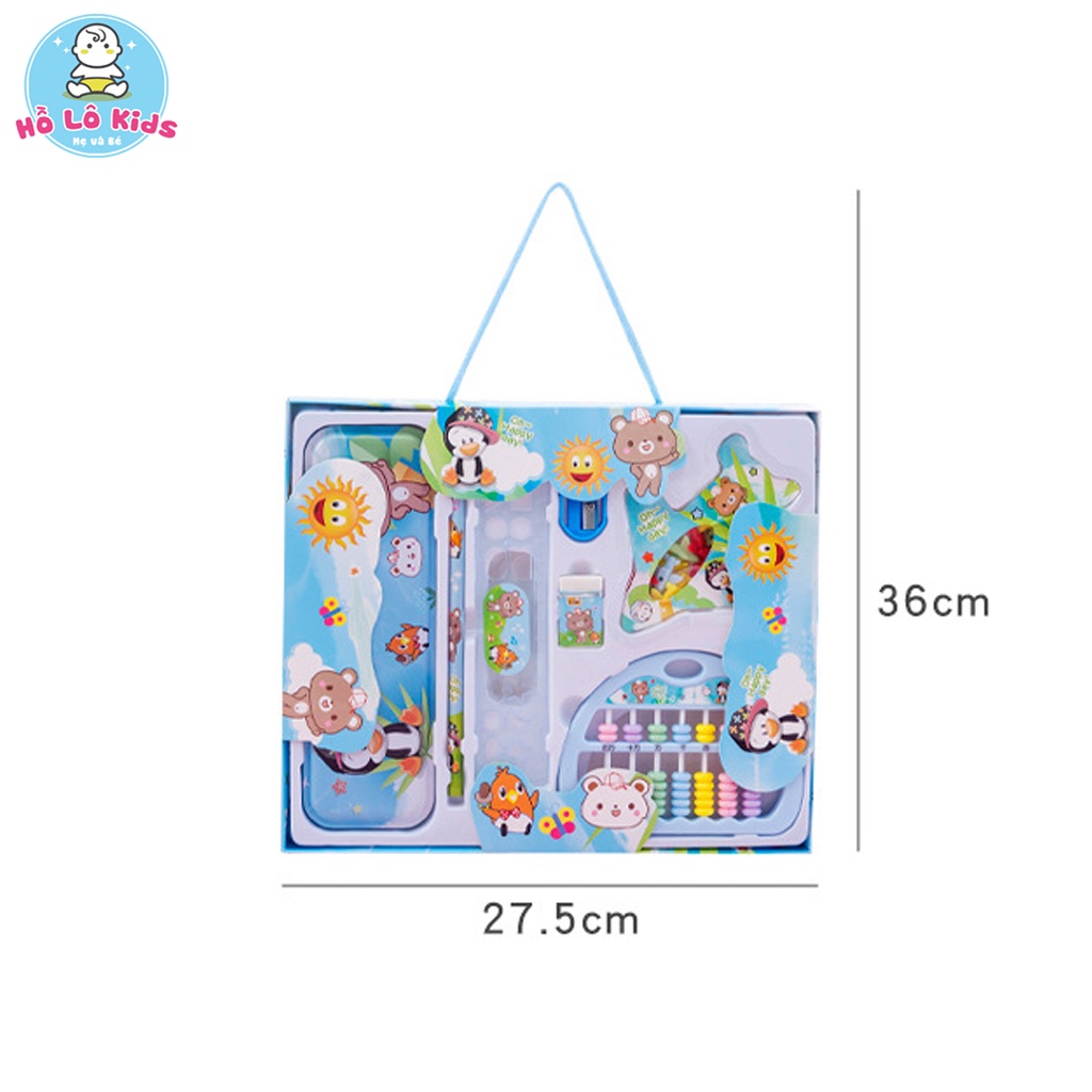 Bộ dụng cụ học tập 8 chi tiết hộp bút, bàn tính, thước kẻ, tẩy, bút chì dễ thương Hồ Lô Kids