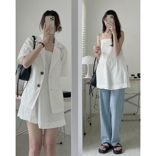 Set linene váy 2 dây kèm áo khoác blazer yena.closet - set váy 2 dây chun lưng điều chỉnh + túi sườn kèm áo khoác blazer