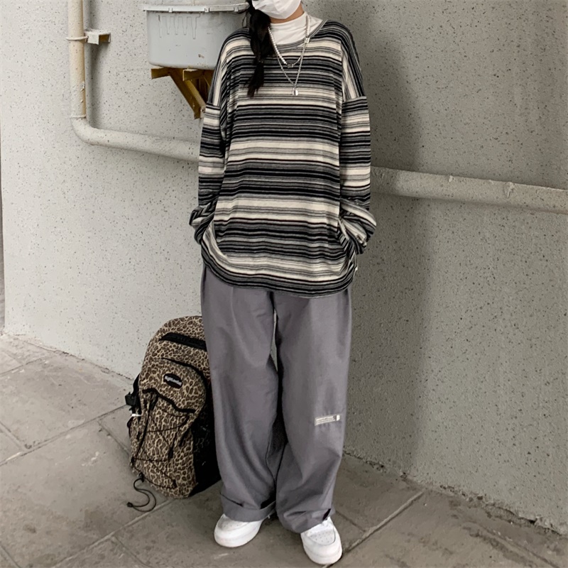 Áo Thun Tay Dài Kẻ Sọc Ngang Trẻ Trung Hợp Thời Trang  198608Áo Dáng Rộng Phong Cách Harajuku Dễ Phối Đồ Dành Cho Nam Và Nữ