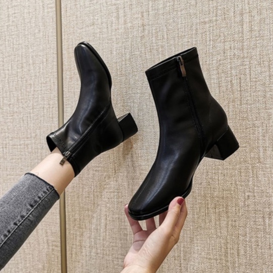 Giày Boot Martin Ulzzang Vintage, Giày Bốt Da Cao Gót Mũi Nhọn Cổ Cao Khóa Bên Đế Cao 3cm, Hàn Quốc - Iclassy_shoes