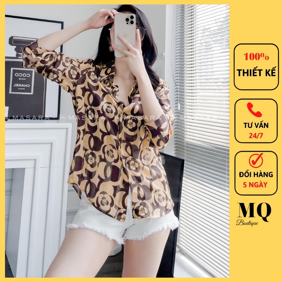 Áo sơ mi nữ lụa tằm dài tay cao cấp công sở họa tiết hoa cánh to nâu cao cấp, áo sơ mi họa tiết thiết kế MQ Boutique