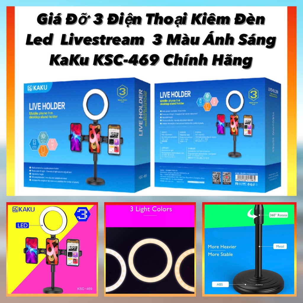 Đèn livestream để bàn,đèn livestream bán hàng,kẹp được 3 giá đỡ,chế độ sáng 3 màu,tuỳ chỉnh,chính hãng KAKU KSC-469.