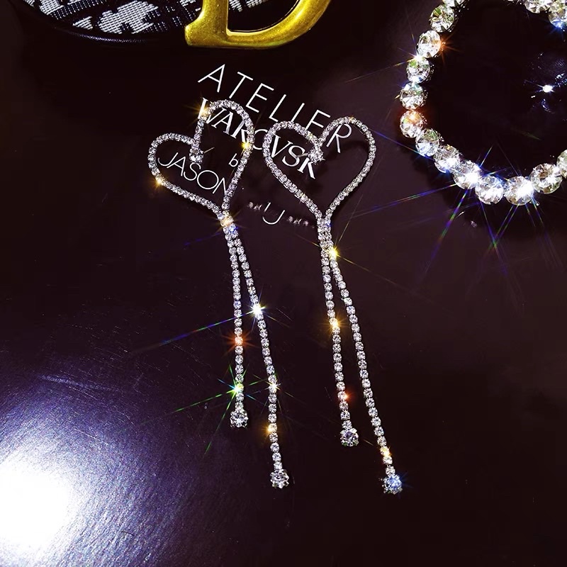 Bông tai tim dài đính đá sang chảnh phong cách hàn quốc