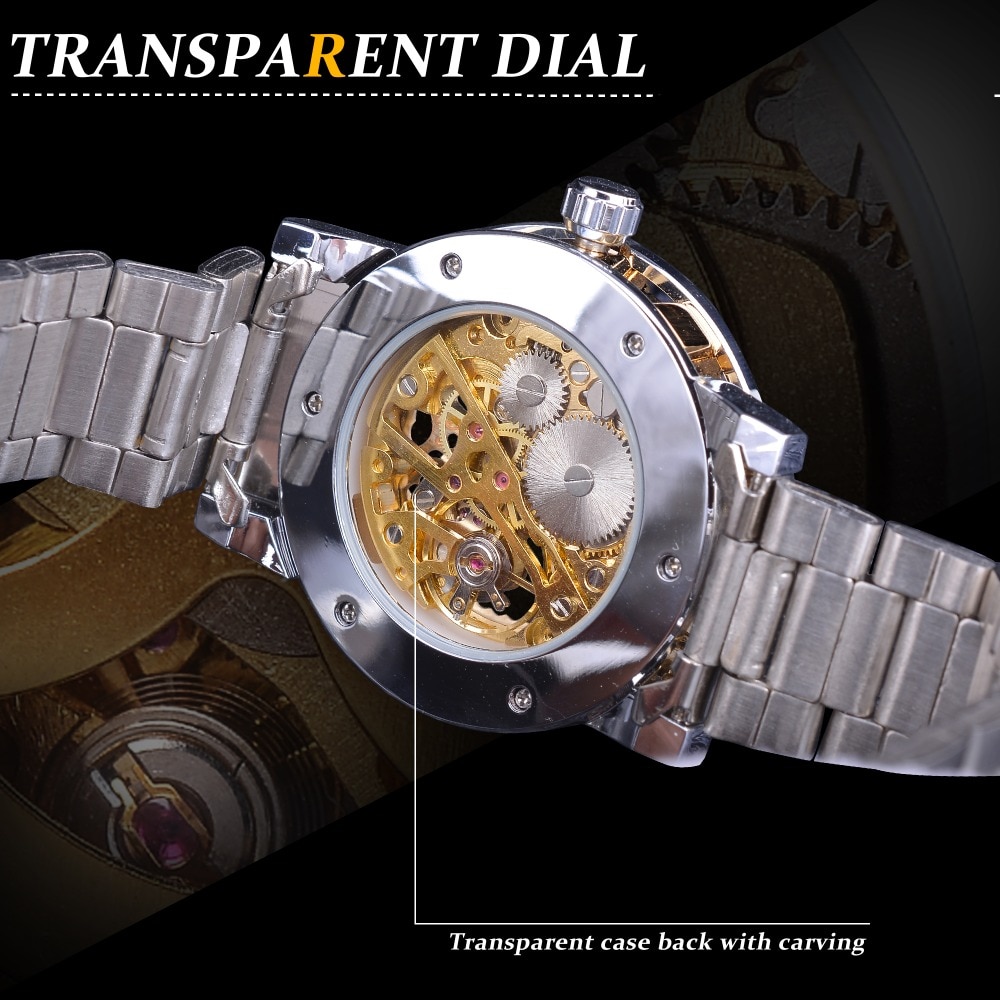 Forsining Đồng Hồ Đeo Tay Cơ Khí Bằng Thép Không Gỉ Màu Vàng Kim Cương Thời Trang Dành Cho Nam