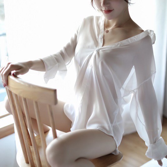 Váy ngủ sexy áo sơ mi trắng dài tay xuyên thấu gợi cảm 392