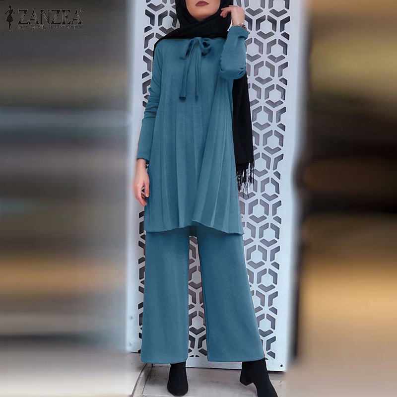 Bộ đồ hồi giáo ZANZEA gồm áo tay dài cổ buộc dây và quần ống rộng eo cao xếp ly thanh lịch cho nữ