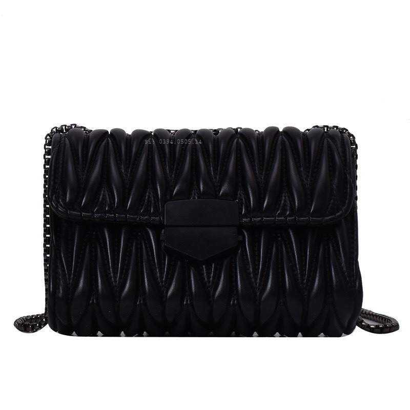 Túi Đeo Chéo Nữ ♥️FREESHIP♥️ Túi Đeo Vai Sóng Nhăn Khóa Kính Hàn Quốc Dây Xích Đen HQ 153