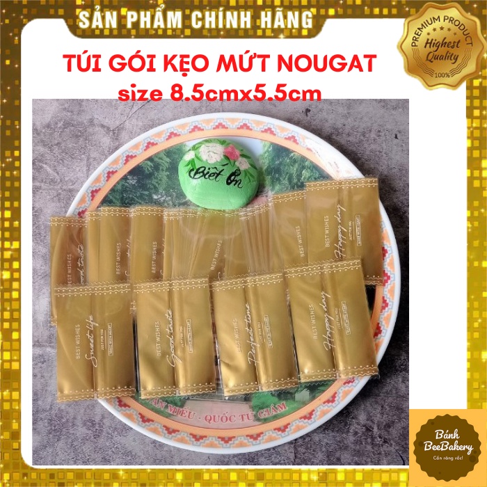 [Hàng mới về] Set 100c Túi hàn P.E đựng bánh, mứt, kẹo nougat size 8.5cm*5.5cm-VÀNG ĐỒNG CHỮ TRẮNG