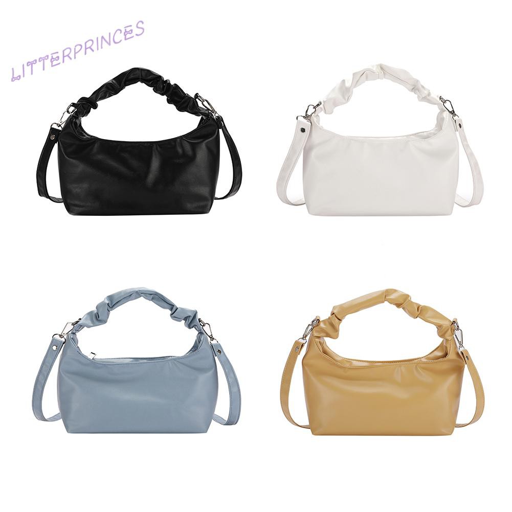 Litterprinces Vintage Women Pure Color PU Leather Shoulder Crossbody Bag Pleated Handbags