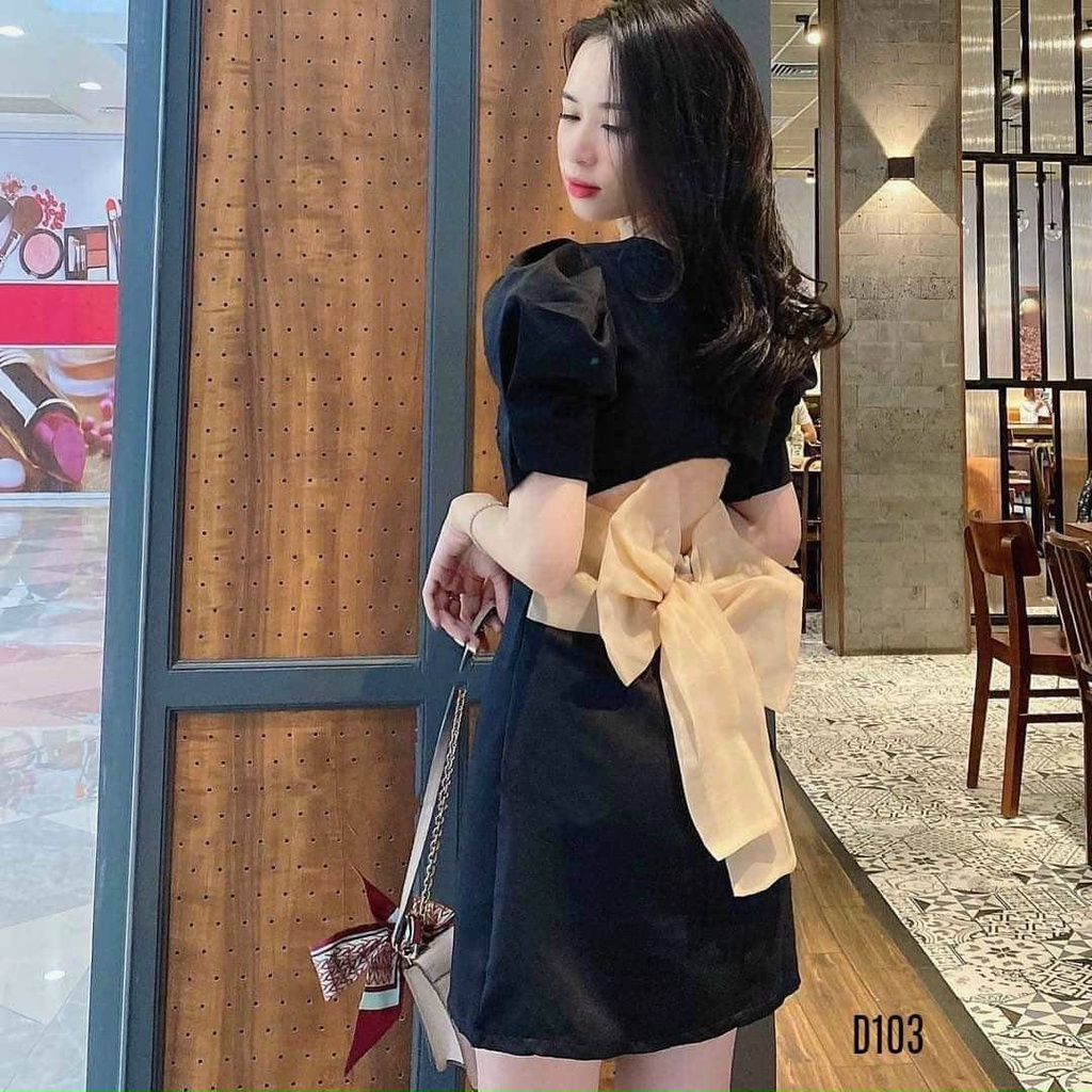 Váy đầm nữ dáng xòe tay phồng kết nơ sau lưng