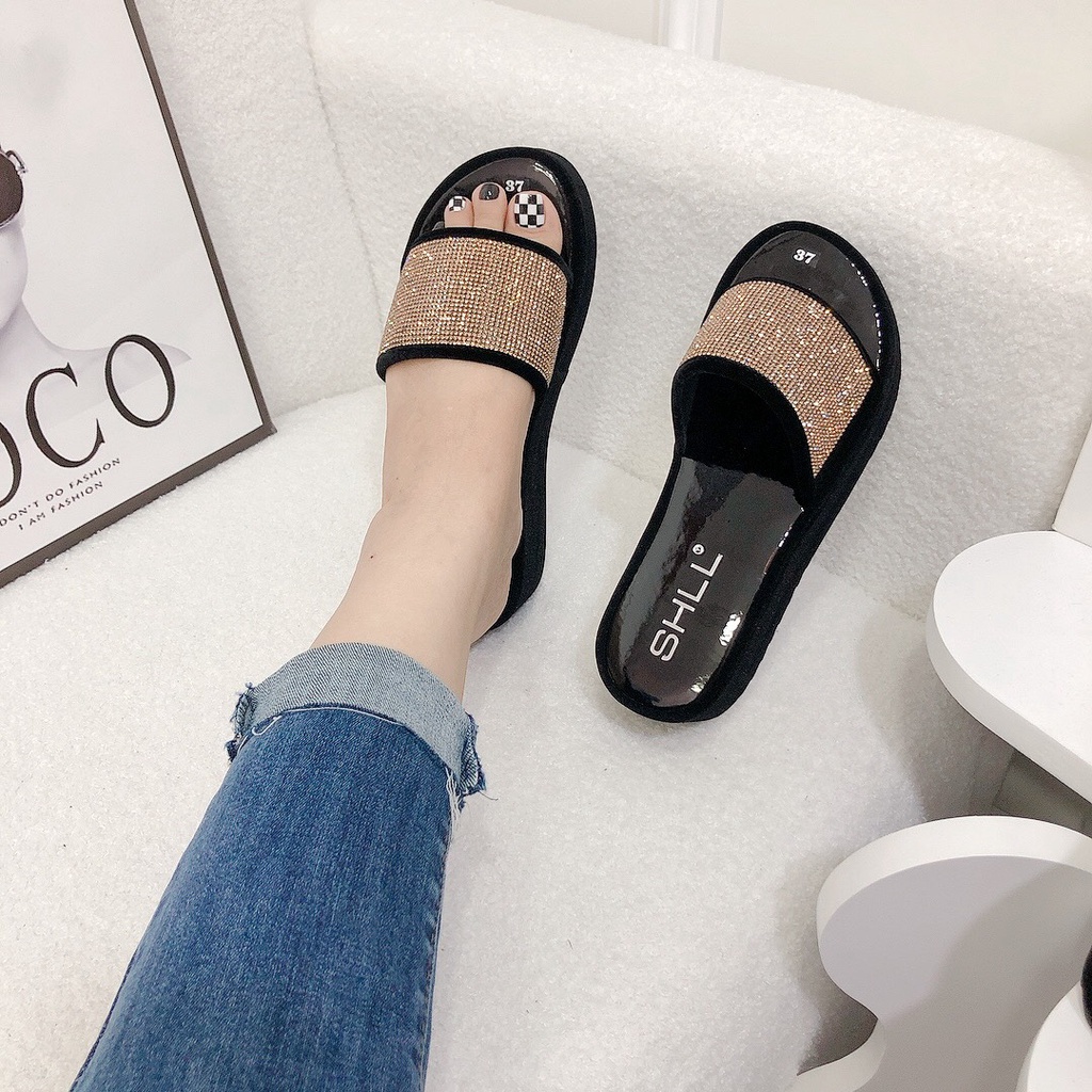 Dép Đế Xuồng Nữ 5p Bản Ngang Xoàn Đá Chất Nhung Mềm Mướt 2 Màu Xinh Sang - Chi Chanh Store